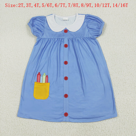 GSD1821  Pen Blue Print Girls Back to School Knee Length Dress