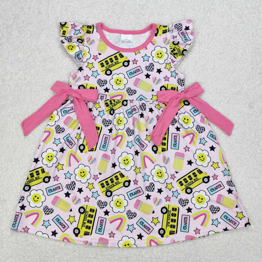 GSD1822  Pen Flowers Rainbow Bus Print Girls Back to School Knee Length Dress