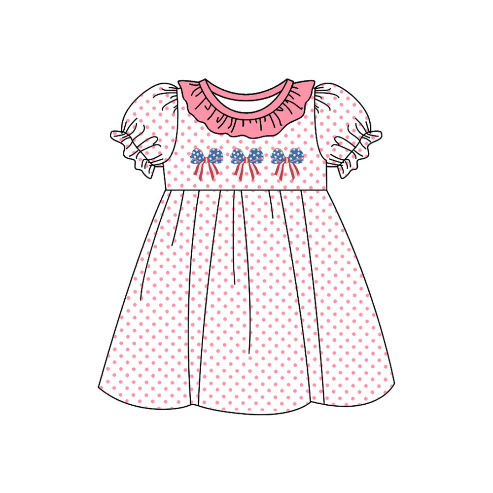 (Pre-order)GSD1824  Bows Pink Dots Print Girls 4th of July Knee Length Dress