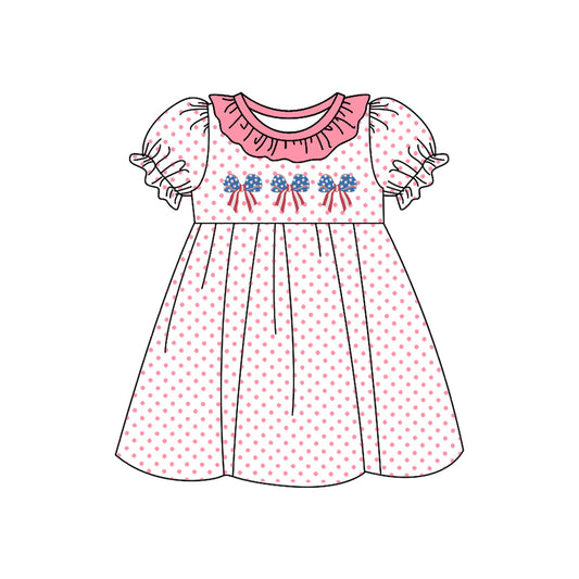 (Pre-order)GSD1824  Bows Pink Dots Print Girls 4th of July Knee Length Dress