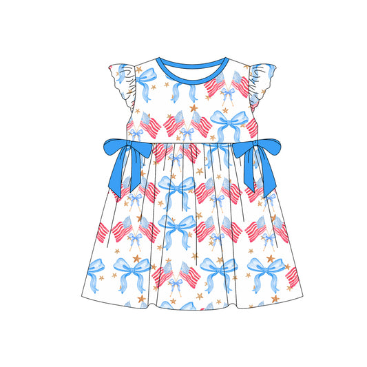 (Pre-order)GSD1825  Flag Bows Print Girls 4th of July Knee Length Dress