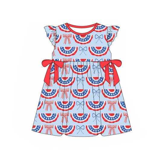 (Pre-order)GSD1826  Flag Bows Print Girls 4th of July Knee Length Dress