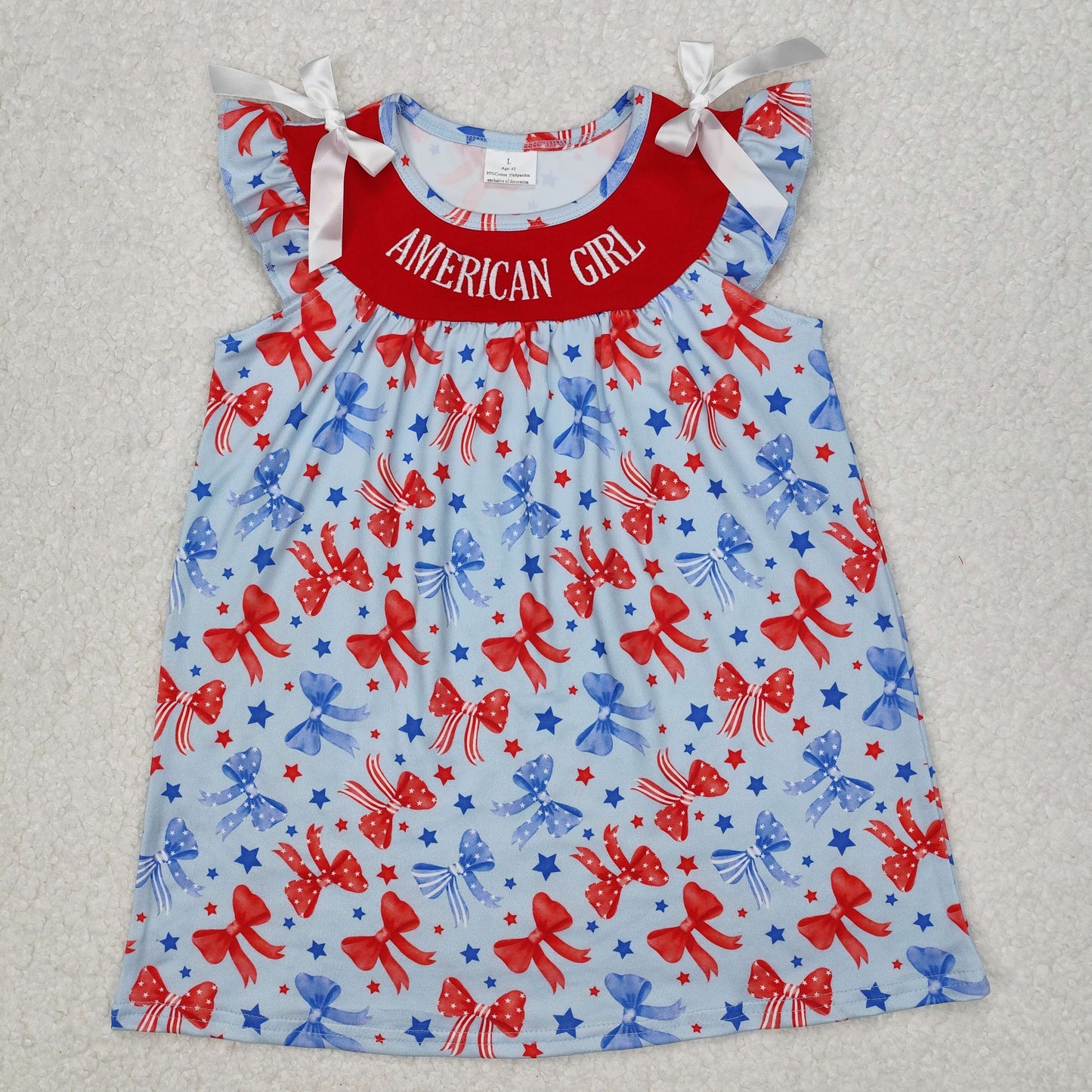 AMERICAN GIRL Embroidery Red Blue Bows Stars Print Sisters 4th of July Matching Clothes