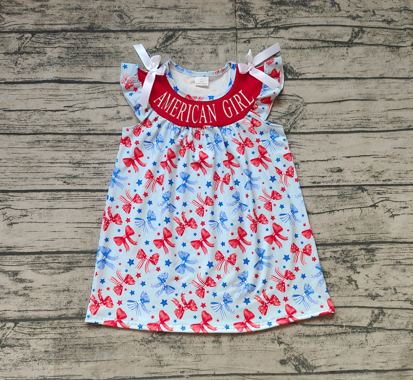 (Pre-order)GSD1827  AMERIC GIRL Bows Print Girls 4th of July Knee Length Dress