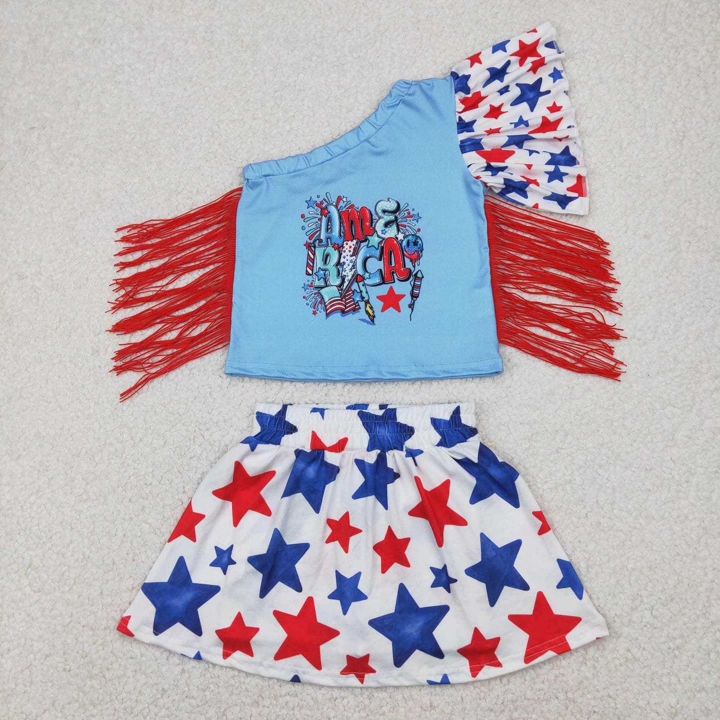 GSD1836 America One Shoulder Sleeve Tassels Top Stars Skirts Shorts Girls 4th of July Clothes Set