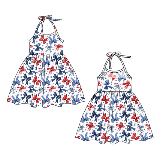 (Pre-order)GSD1837  Bows Stars Print Girls Halter 4th of July Knee Length Dress