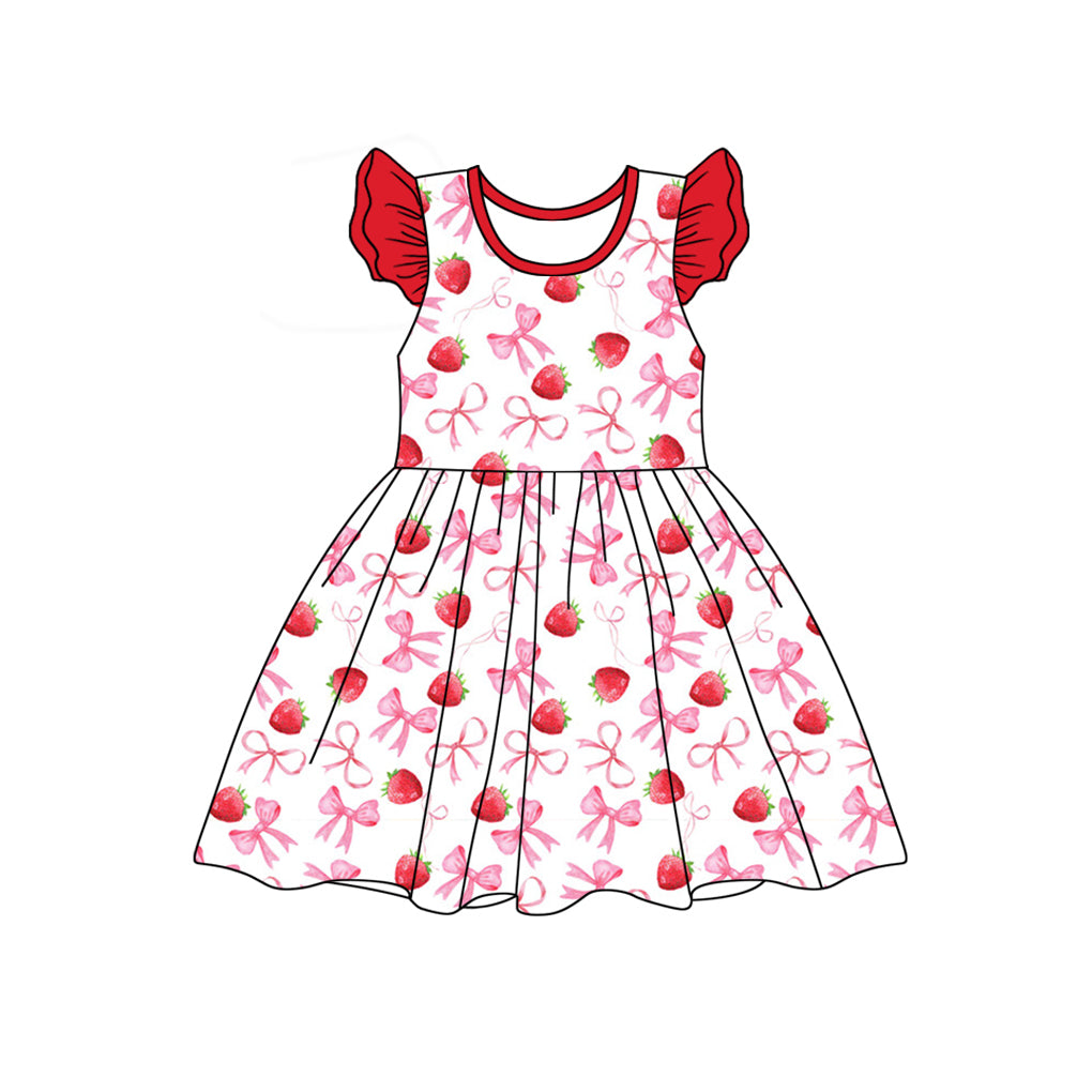 (Pre-order)GSD1840  Strawberry Bows Print Girls Summer Knee Length Dress