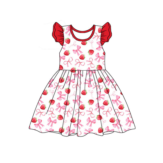 (Pre-order)GSD1840  Strawberry Bows Print Girls Summer Knee Length Dress