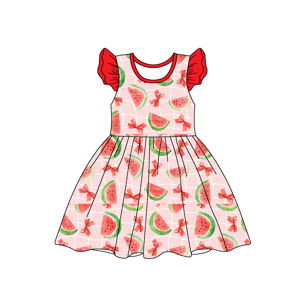 (Pre-order)GSD1841  Watermelon Bows Print Girls Summer Knee Length Dress