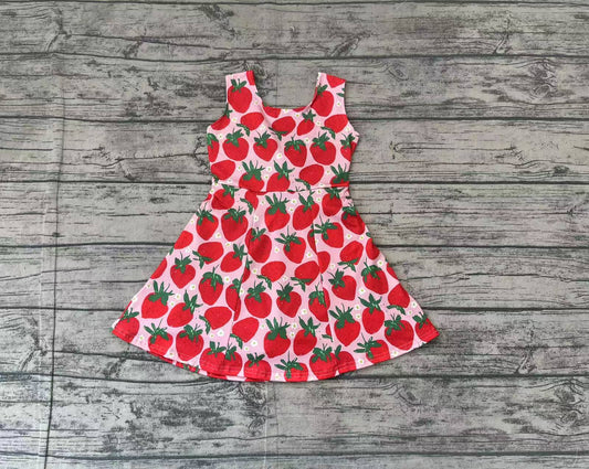 (Pre-order)GSD1843  Strawberry Print Girls Summer Backless Knee Length Dress