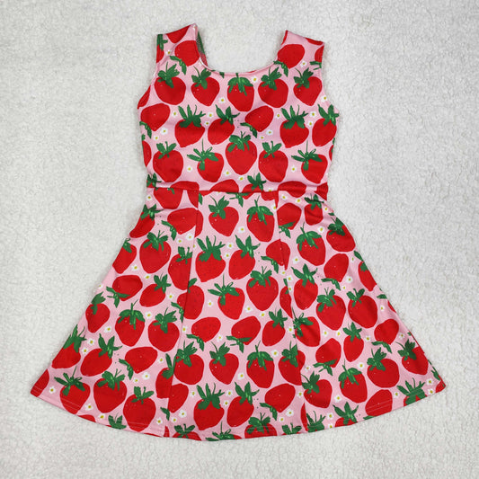 GSD1843  Strawberry Flowers Print Girls Backless Knee Length Shorts 1 Pieces Athletic Dress