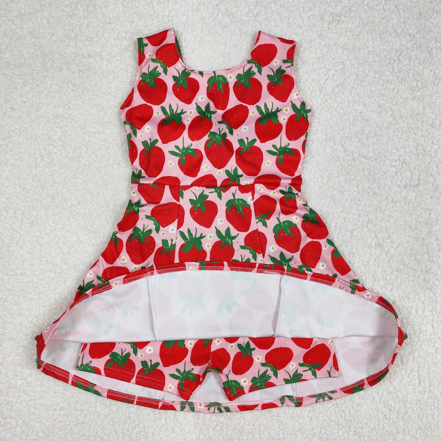 GSD1843  Strawberry Flowers Print Girls Backless Knee Length Shorts 1 Pieces Athletic Dress