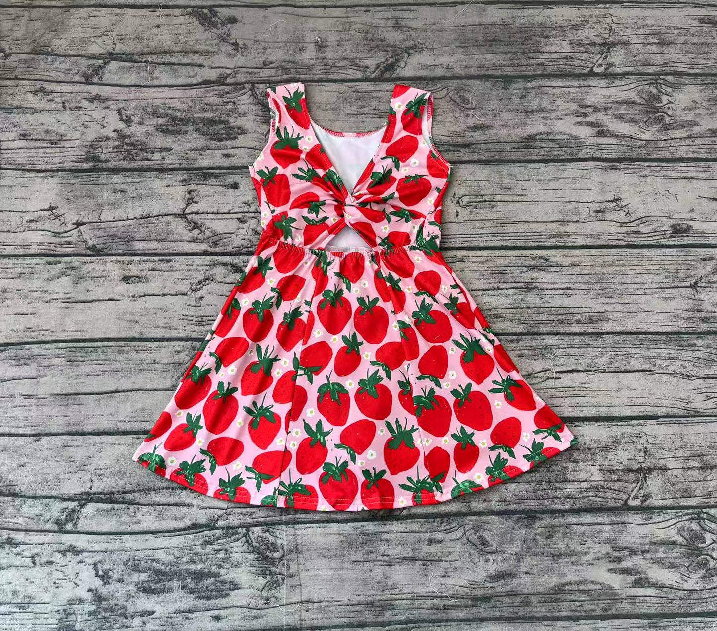 (Pre-order)GSD1843  Strawberry Print Girls Summer Backless Knee Length Dress