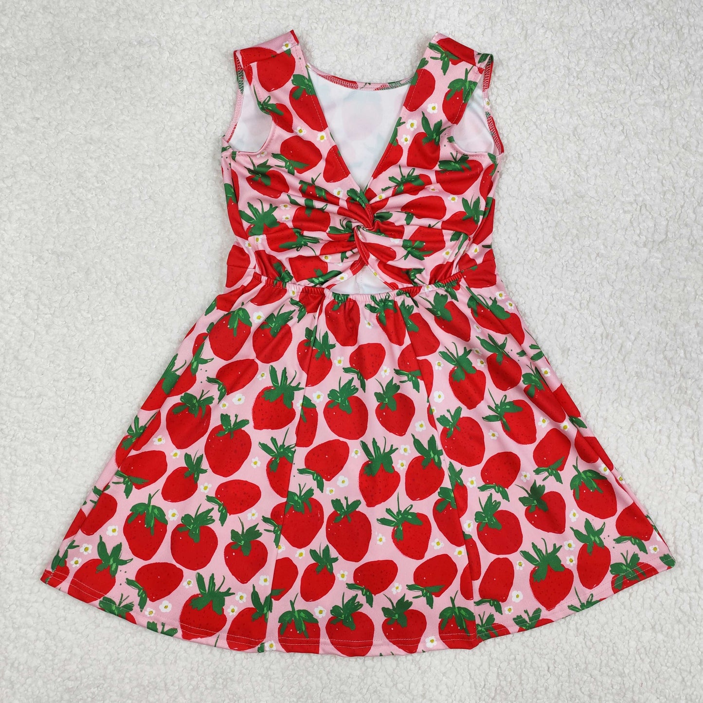 GSD1843  Strawberry Flowers Print Girls Backless Knee Length Shorts 1 Pieces Athletic Dress