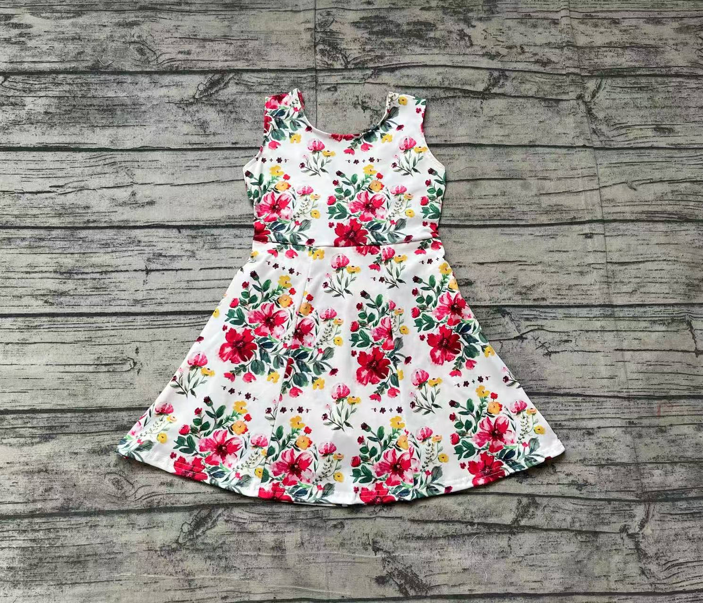 (Pre-order)GSD1844  Flowers Print Girls Summer Backless Knee Length Dress