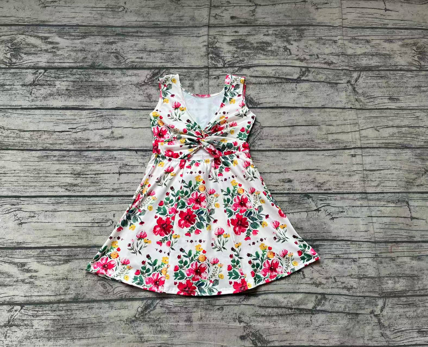 (Pre-order)GSD1844  Flowers Print Girls Summer Backless Knee Length Dress