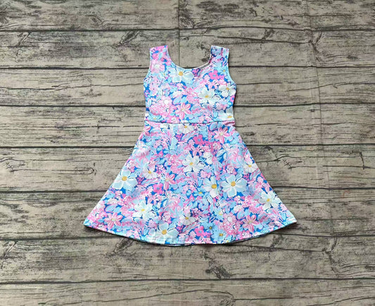 (Pre-order)GSD1845  Pink Blue Flowers Print Girls Summer Backless Knee Length Dress