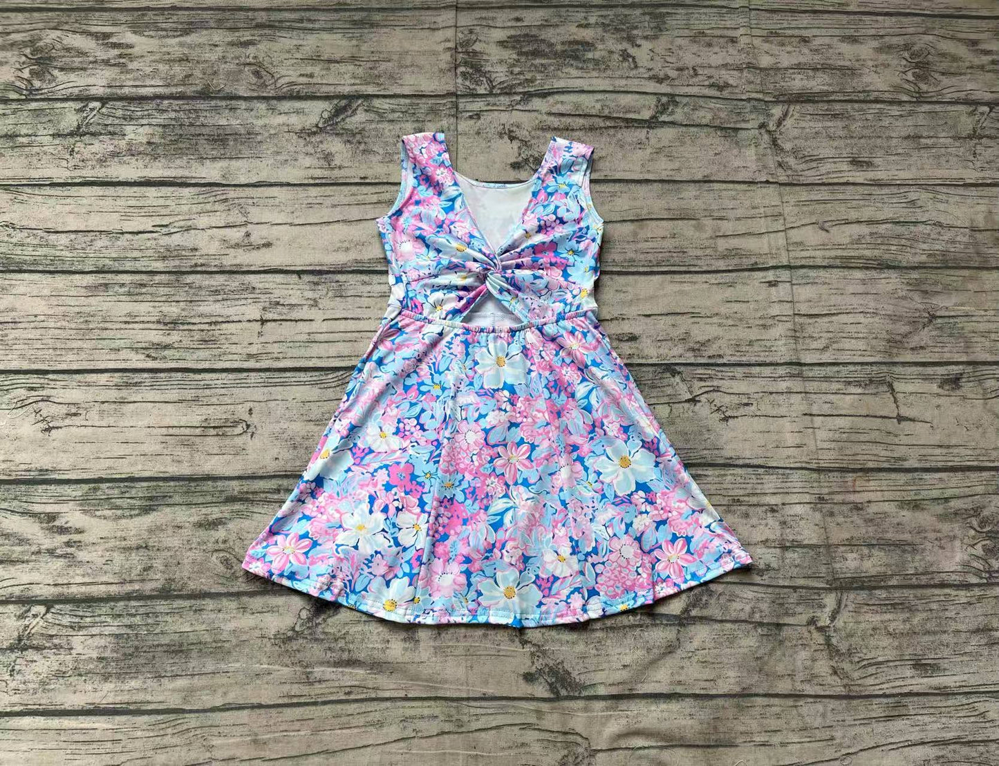 (Pre-order)GSD1845  Pink Blue Flowers Print Girls Summer Backless Knee Length Dress