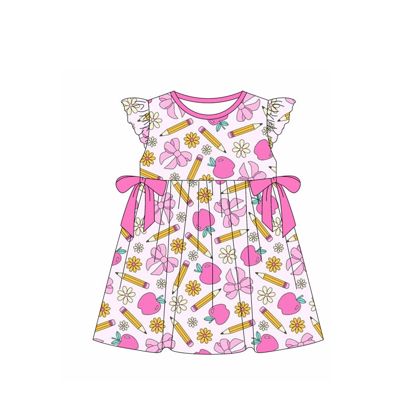 (Pre-order)GSD1846  Bows Apple Pen Flowers Print Girls Back to School Knee Length Dress