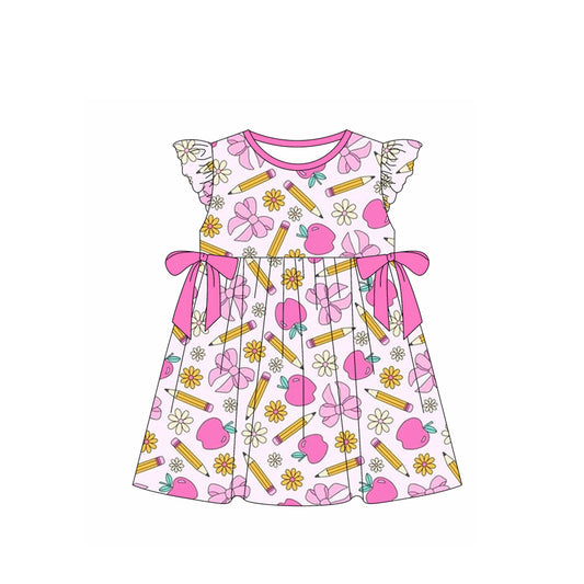 (Pre-order)GSD1846  Bows Apple Pen Flowers Print Girls Back to School Knee Length Dress