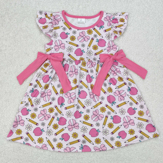 GSD1846  Bows Apple Pen Flowers Print Girls Back to School Knee Length Dress