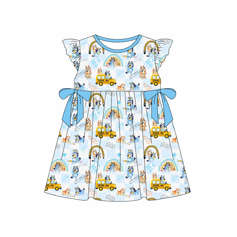 (Pre-order)GSD1847  Cartoon Dog Bus Print Girls Back to School Knee Length Dress