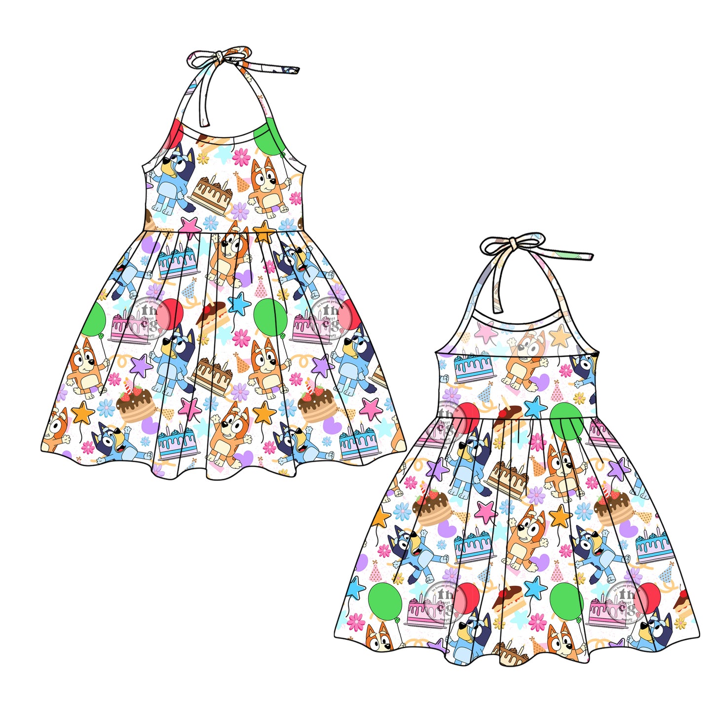 (Pre-order)GSD1848  Cartoon Dog Cake Print Girls Halter Happy Birthday Knee Length Dress