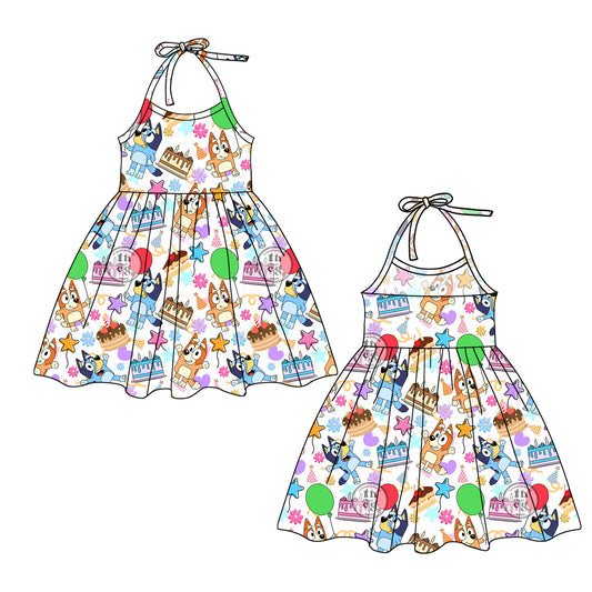 (Pre-order)GSD1848  Cartoon Dog Cake Print Girls Halter Happy Birthday Knee Length Dress