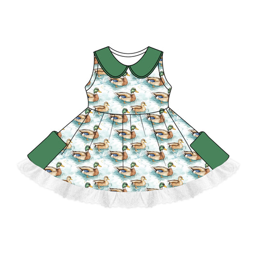(Pre-order)GSD1851  Duck Green Print Pockets Girls Sleeveless Knee Length Dress