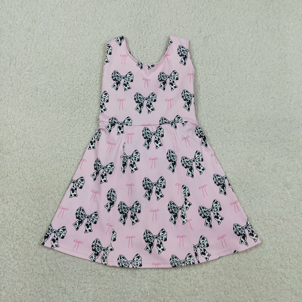 GSD1853  Cowhide Bows Pink Print Girls Summer Backless Shorts Knee Length Yoga Dress