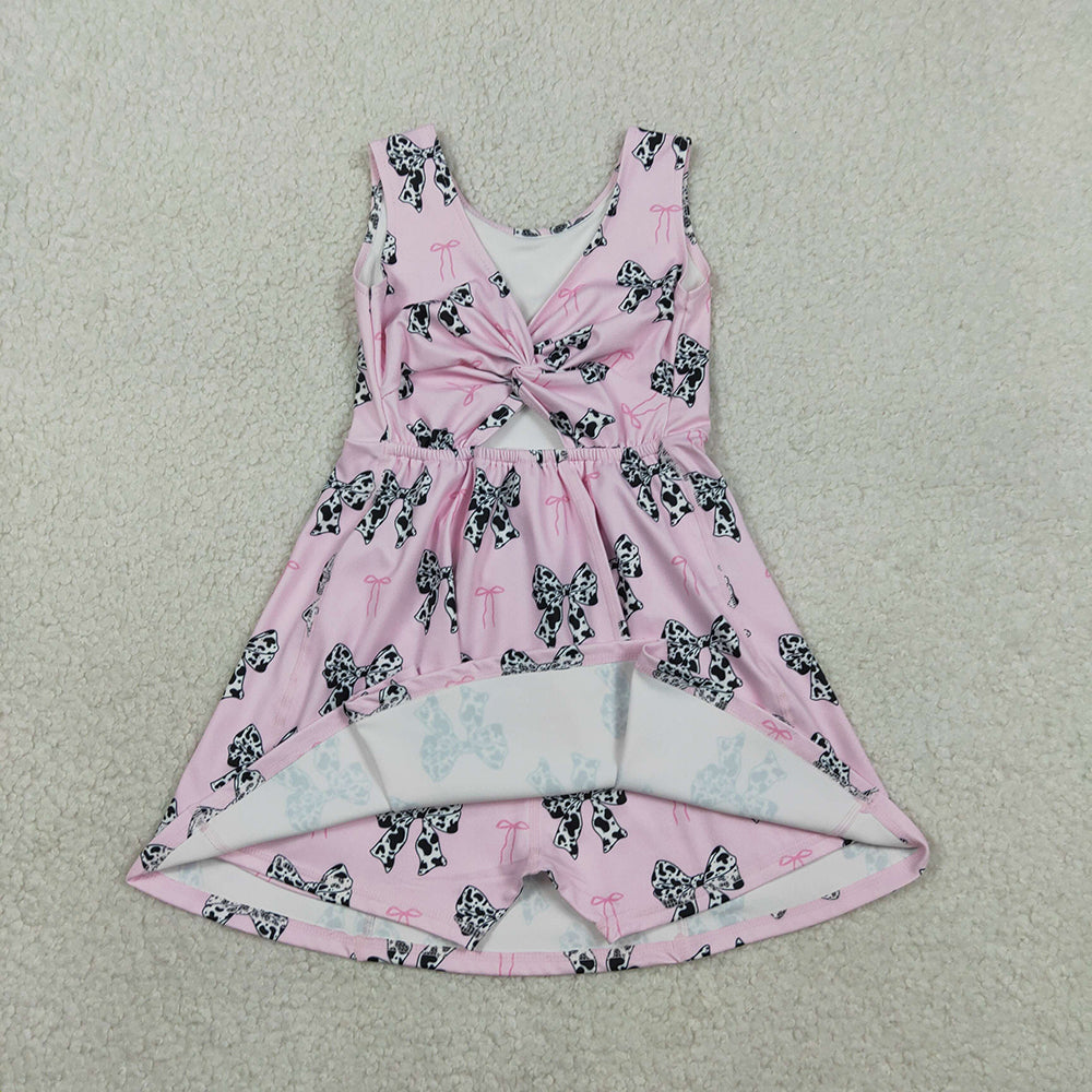 GSD1853  Cowhide Bows Pink Print Girls Summer Backless Shorts Knee Length Yoga Dress