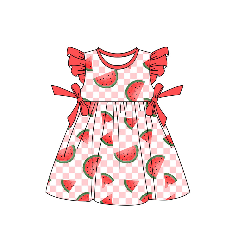 (Pre-order)GSD1855  Watermelon Plaid Print Girls Summer Knee Length Dress
