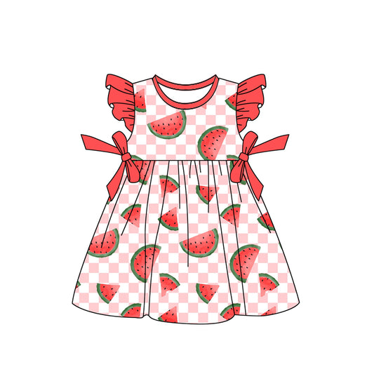 (Pre-order)GSD1855  Watermelon Plaid Print Girls Summer Knee Length Dress