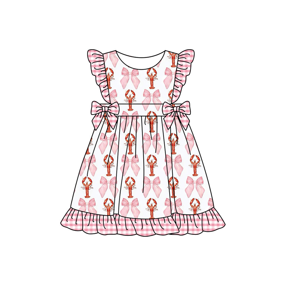 (Pre-order)GSD1858  Crayfish Pink Bows Print Girls Summer Knee Length Dress