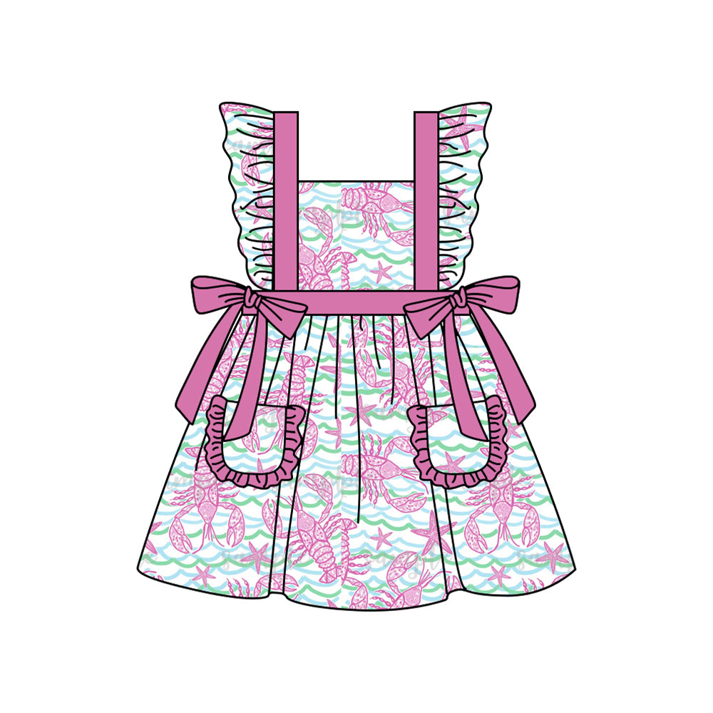 (Pre-order)GSD1860  Crayfish Print Pockets Girls Summer Knee Length Dress