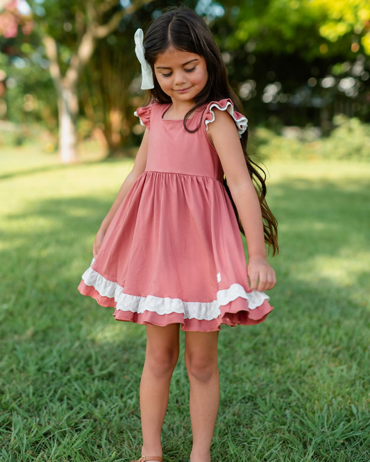 (Pre-order)GSD1862  Pink Color Flutter Sleeve Girls Summer Knee Length Dress