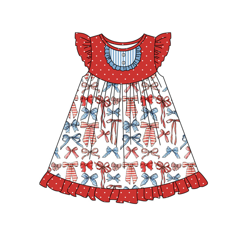 (Pre-order)GSD1863  Bows Print Girls 4th of July Knee Length Dress