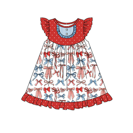 (Pre-order)GSD1863  Bows Print Girls 4th of July Knee Length Dress