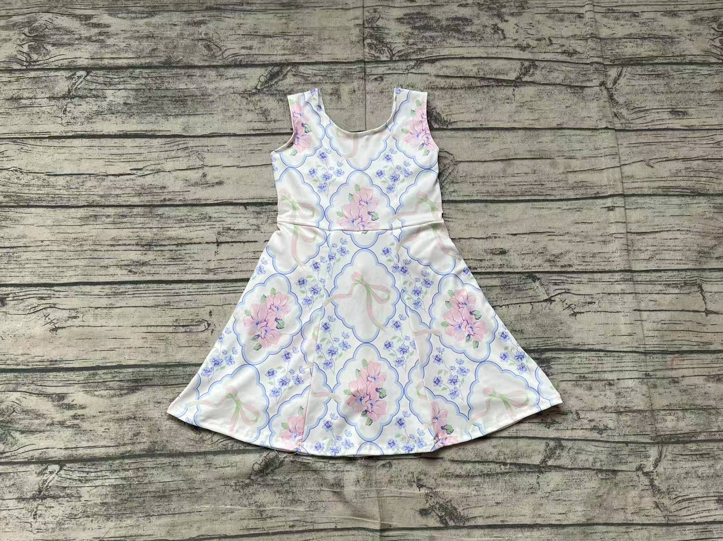 (Pre-order)GSD1864  Blue Pink Flowers Print Girls Summer Backless Knee Length Athletic Dress