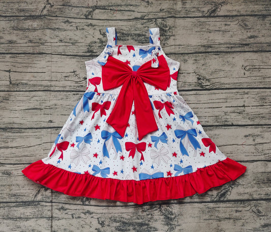 (Pre-order)GSD1866  Bows Stars Print Girls Sleeveless 4th of July Knee Length Dress