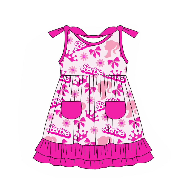 (Pre-order)GSD1867  Pink BA Bows Flowers Print Pockets Girls Sleeveless Summer Knee Length Dress