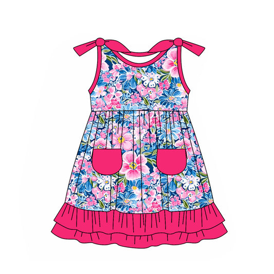 (Pre-order)GSD1868  Pink Blue Flowers Print Pockets Girls Sleeveless Summer Knee Length Dress