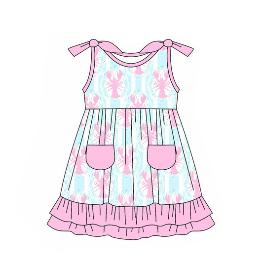 (Pre-order)GSD1869  Pink Crayfish Print Pockets Girls Sleeveless Summer Knee Length Dress