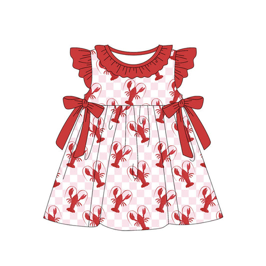 (Pre-order)GSD1872  Crayfish Red Print Girls Summer Knee Length Dress