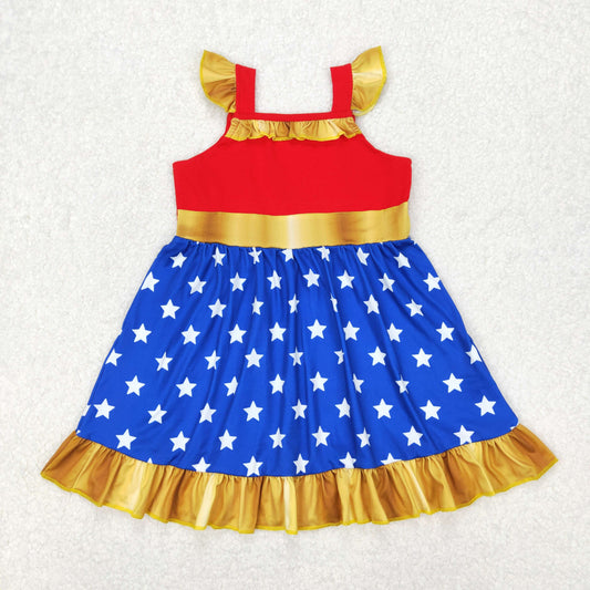 GSD1877  Cartoon Hero Blue Stars Print Girls Summer Knee Length Dress