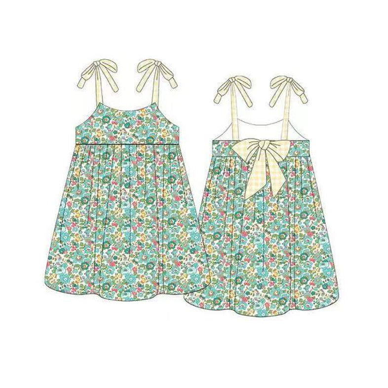 (Pre-order)GSD1882  Small Green Flowers Print Bow Girls Summer Strap Knee Length Dress