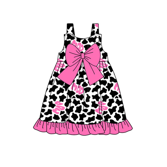 (Pre-order)GSD1886  MOO Cow Print Pink Bow Girls Summer Knee Length Dress