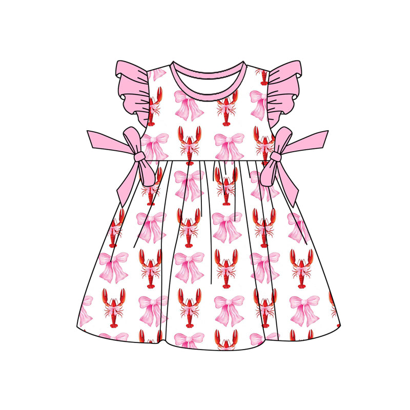 (Pre-order)GSD1890  Crayfish Bows Print Girls Summer Knee Length Dress