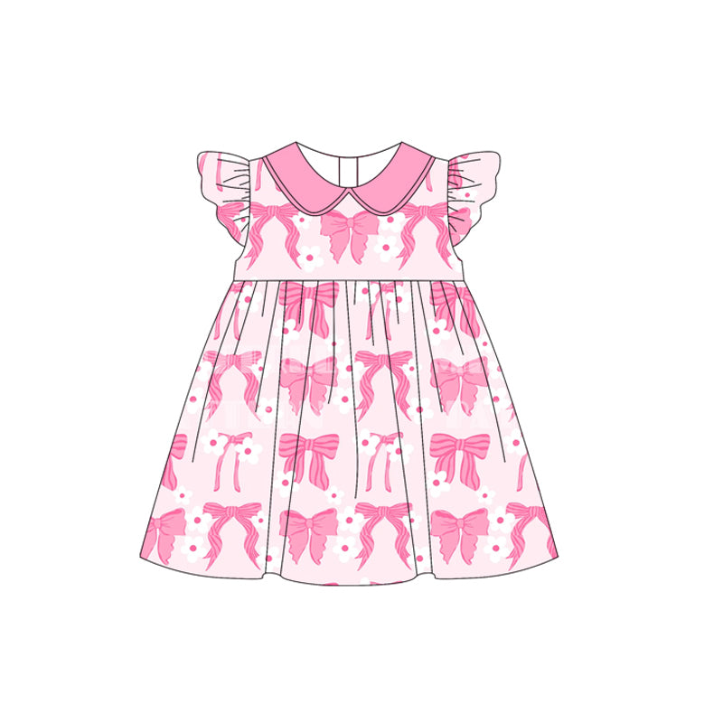 (Pre-order)GSD1891  Pink Bows Print Girls Summer Knee Length Dress