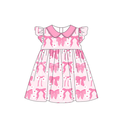 (Pre-order)GSD1891  Pink Bows Print Girls Summer Knee Length Dress